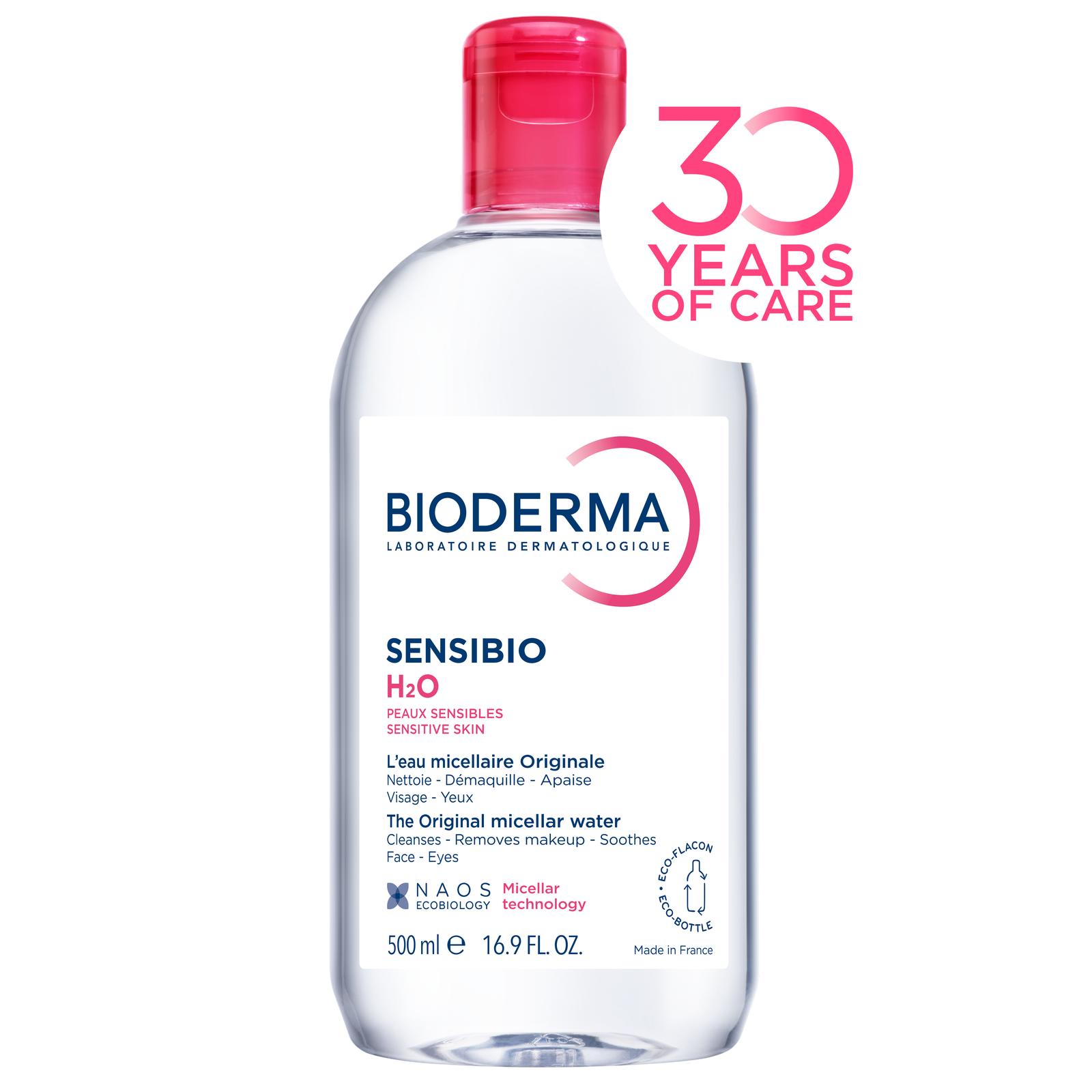 Bioderma Sensibio H2O 500 ml eco-bottle with 30 years of care badge; official maker photograph