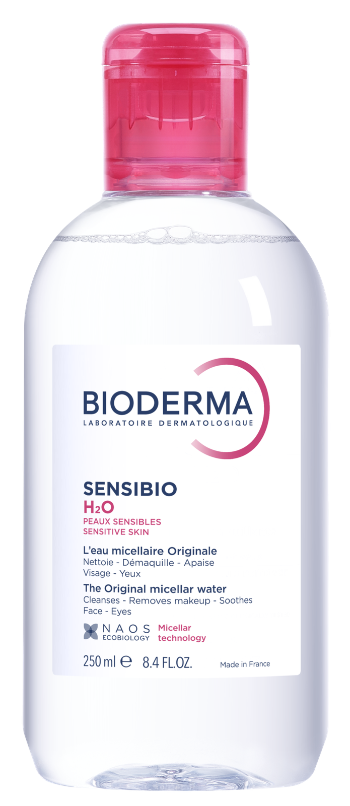 Bioderma Sensibio H2O 250 ml bottle, studio cutout; official maker photograph