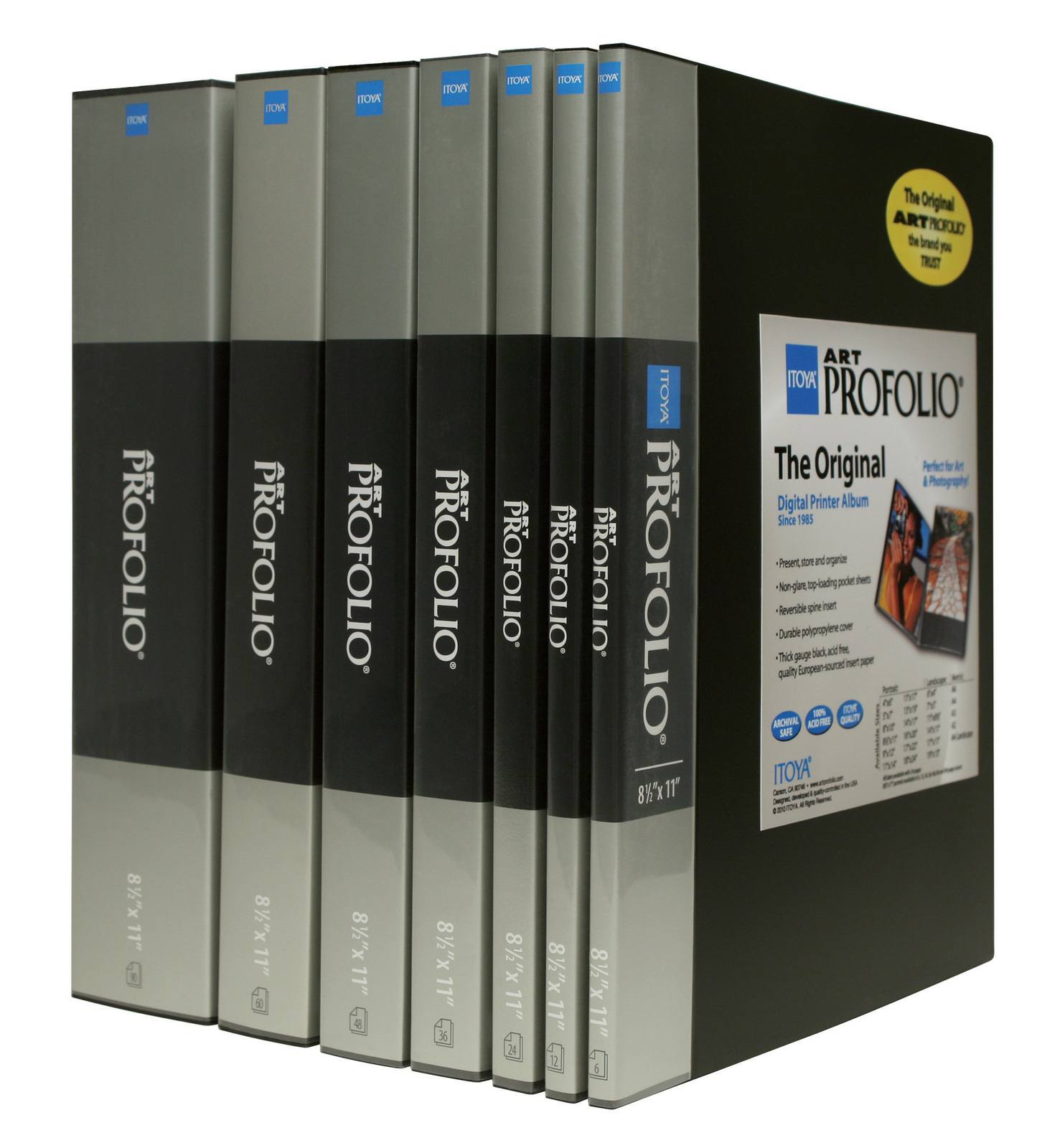 Lineup of Itoya Art ProFolio presentation books in multiple sizes; official maker photograph