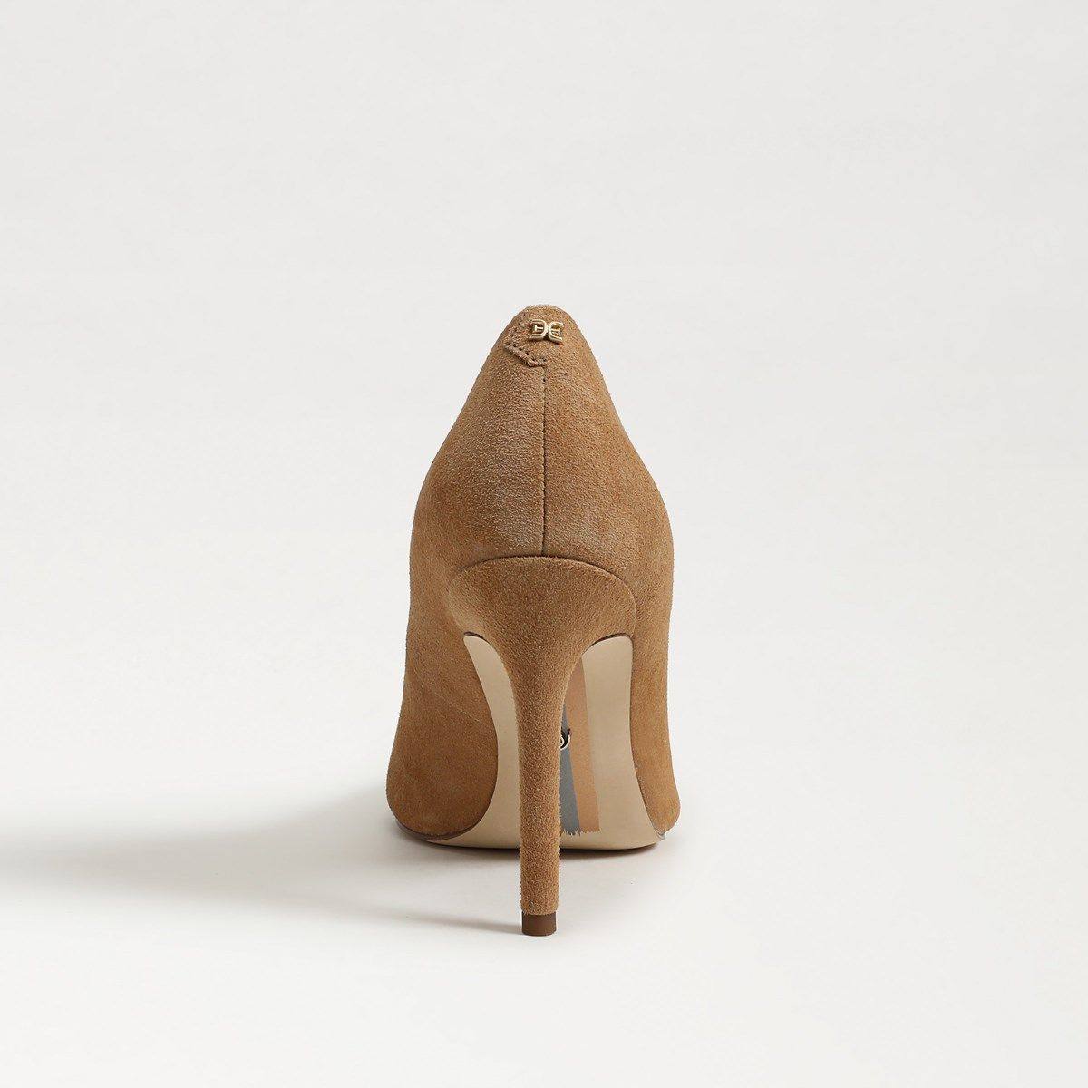 Sam Edelman Hazel pointed-toe pump in Cyprus Tan suede, back view; official maker photograph