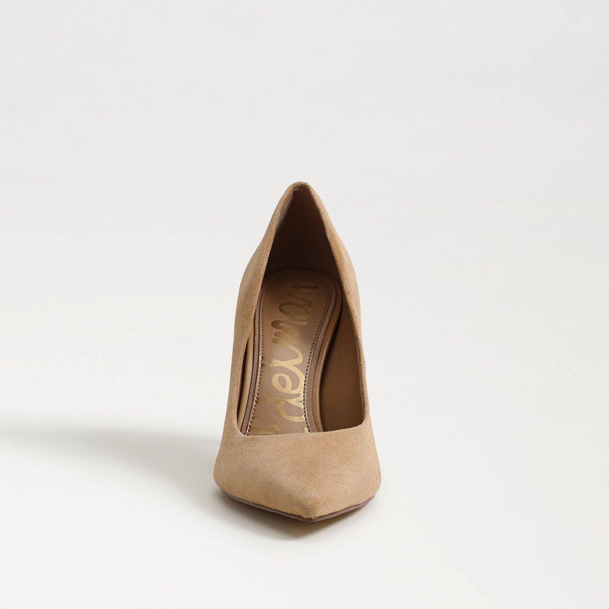 Sam Edelman Hazel pointed-toe pump in Cyprus Tan suede, front view; official maker photograph