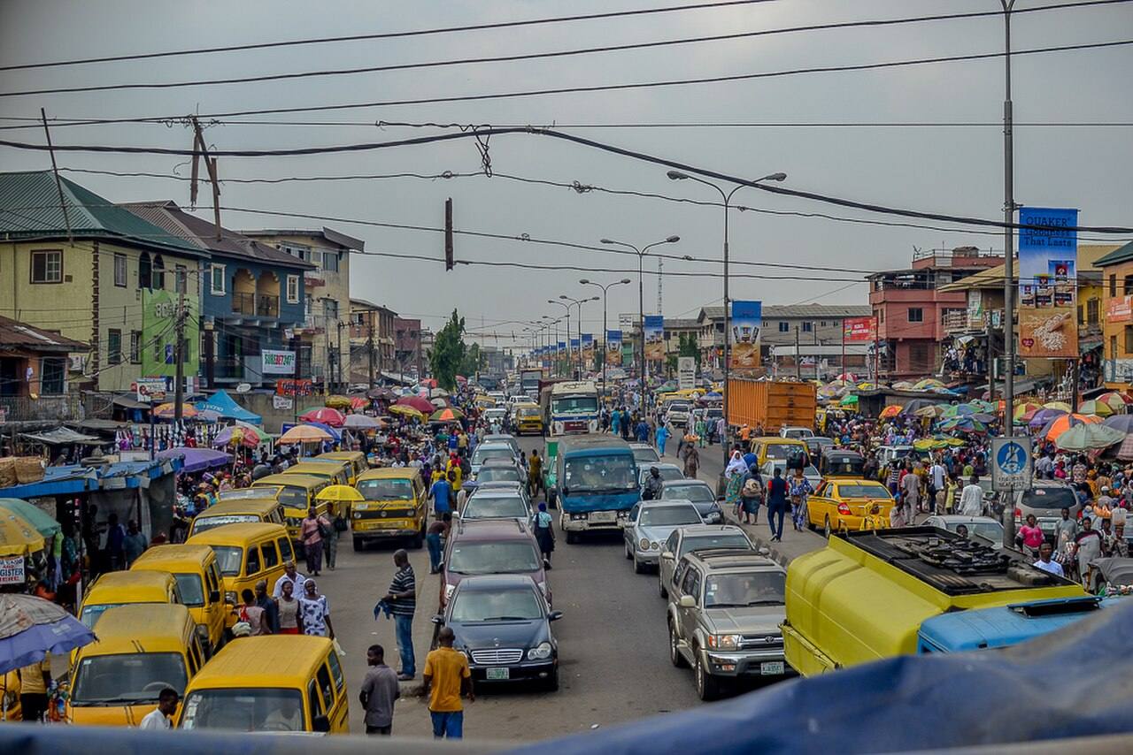 A busy road in Mushin, Lagos, Nigeria.